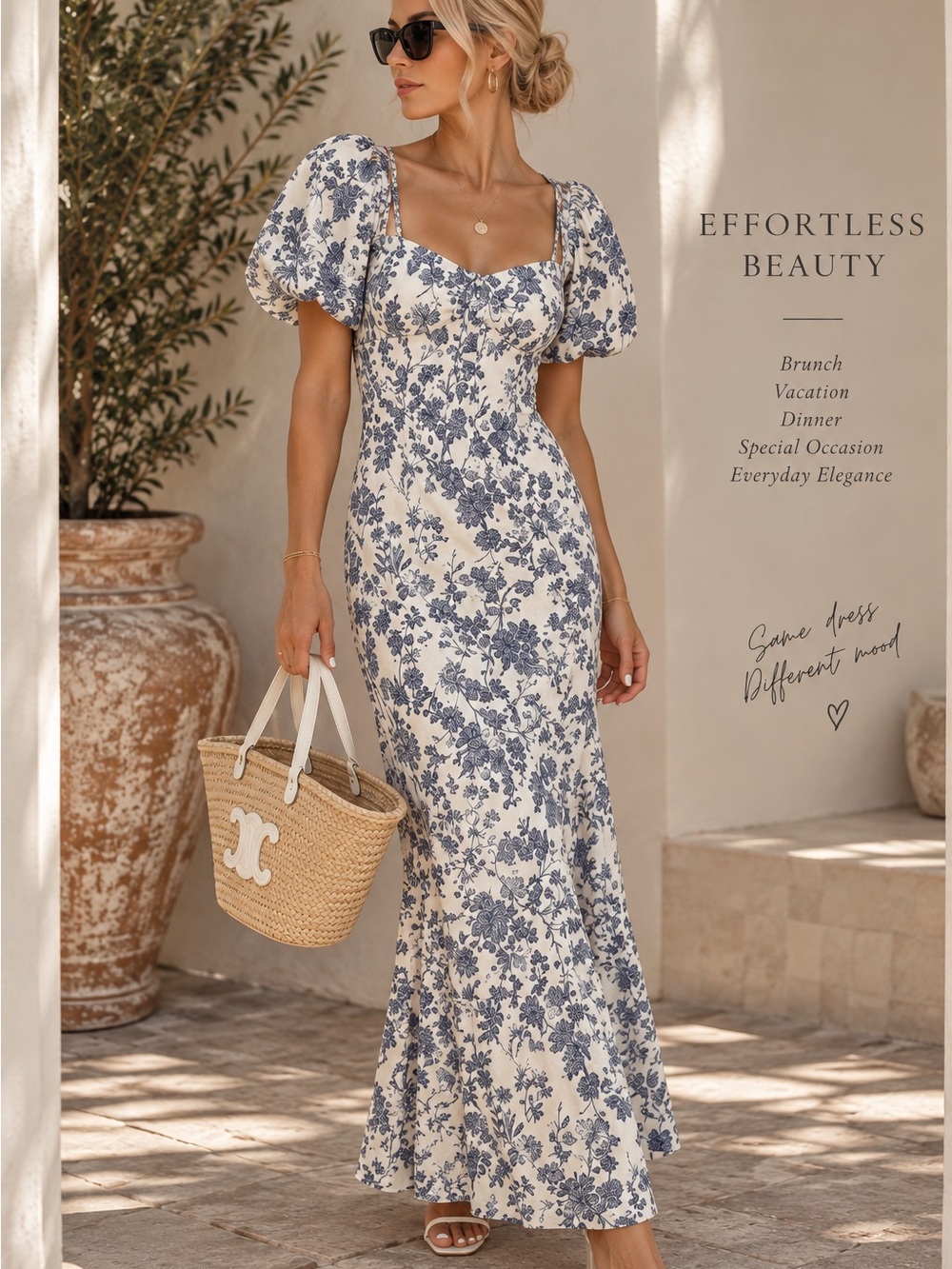 Just Found Blue Floral Cotton Linen Puff Sleeve Maxi Dress Size L